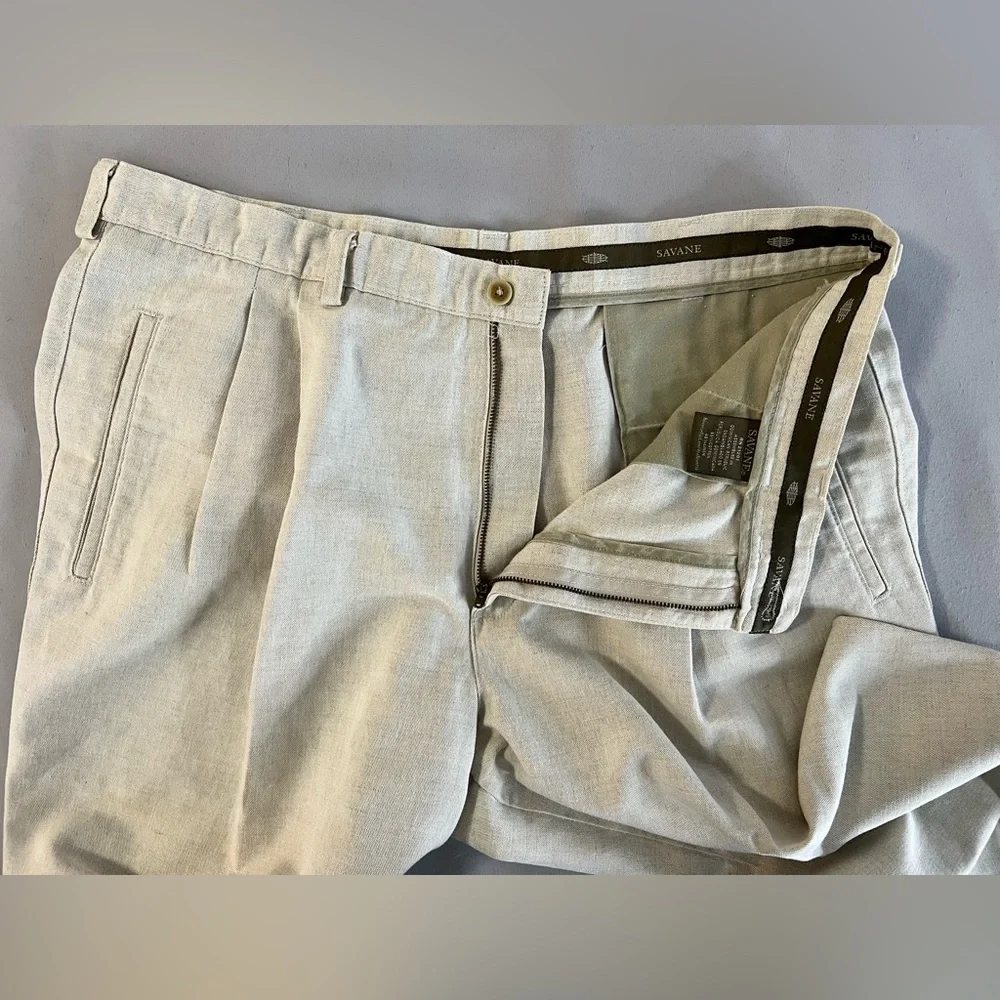 Savane RN 21201 Beige Pleated & Cuffed Men's Cotton Linen Pants‎ W40 30L